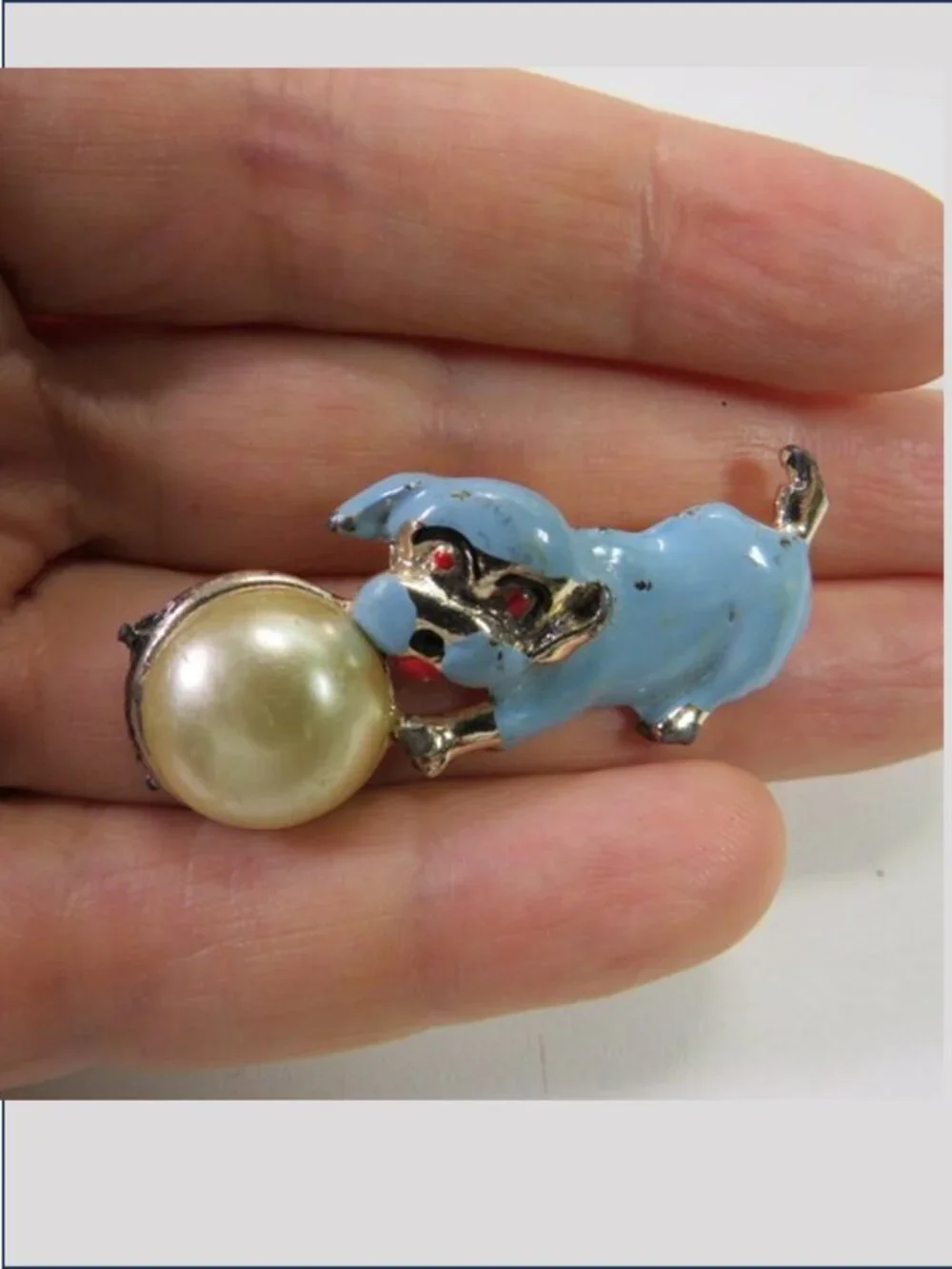 Vintage Mid Century Blue Enamel Dog Faux Pearl Ball Brooch Pin Whimsical Novelty